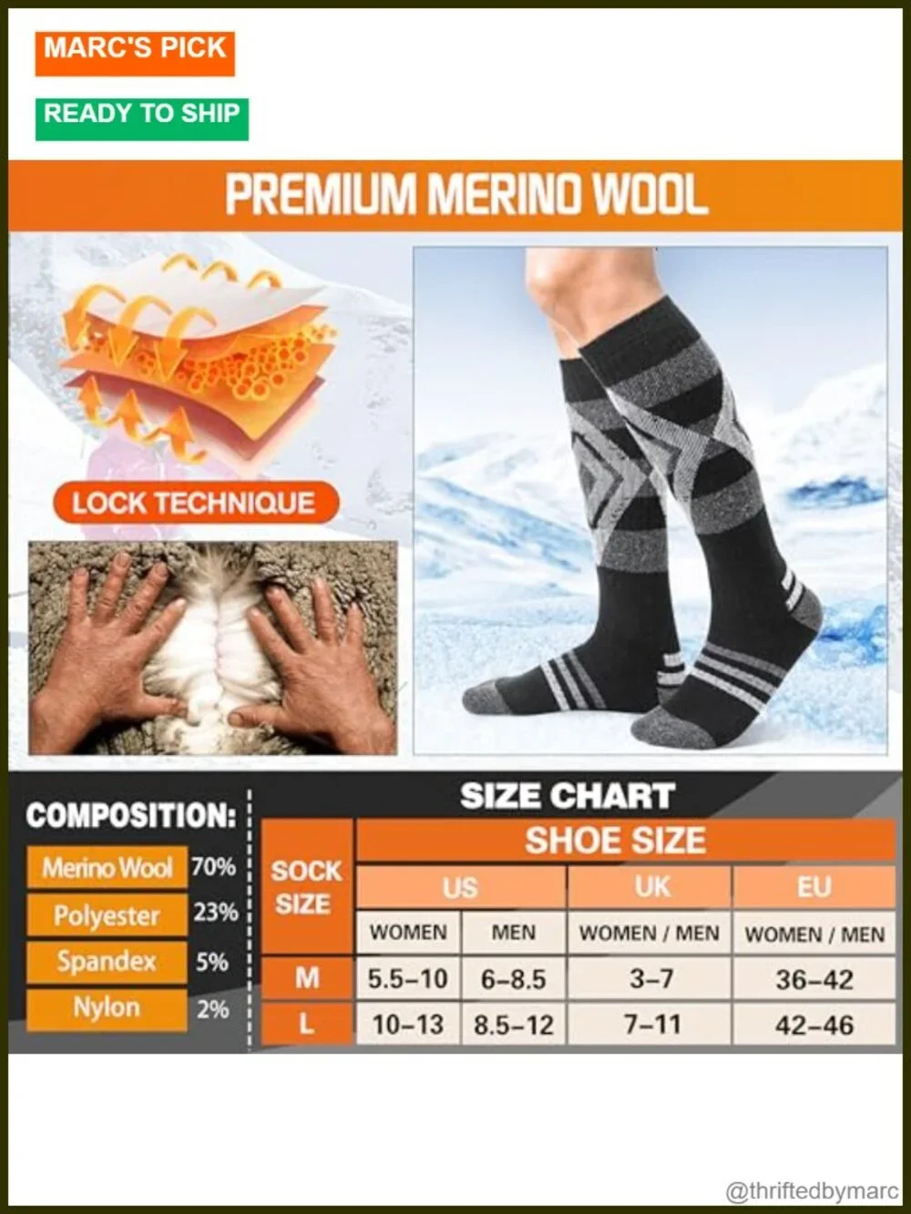 3 Pairs Merino Wool Ski Socks Thermal Winter Thick Knee High for Snowboarding
